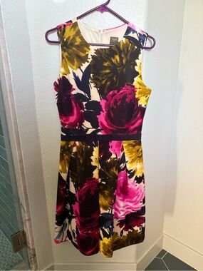 Taylor Floral Fit-and-Flare Dress in Fuchsia, Navy & Mustard